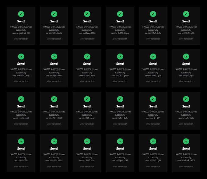 A grid of 24 successful transaction receipts showing 500,000 $NUKEBULL tokens sent to various Solana wallet addresses, visually demonstrating the airdrop distribution described in the promotional post offering free tokens to the first 3,000 wallets.