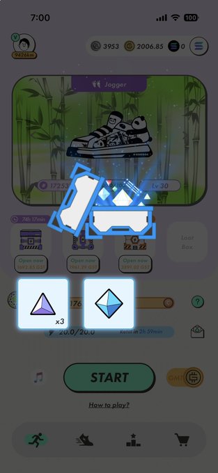 A screenshot of a mobile game app showing a 'Jogger' sneaker, in-game currency, and a 'START' button, partially obscured by a pixelated cat sticker.