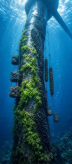 An underwater view of a large cylindrical structure covered in green algae and clusters of dark mussels or barnacles, with hanging cages attached.