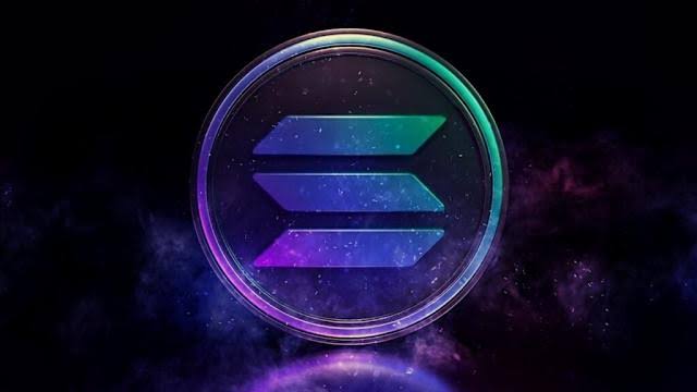 The image presents a striking logo featuring the symbol of Solana, composed of three lines intersecting at the bottom center. The logo has vibrant colors that complement the surrounding space, making it stand out prominently against the dark background. The text in the image provides context about the Solana cryptocurrency, specifically its recent performance and how investors are responding to the fluctuations.