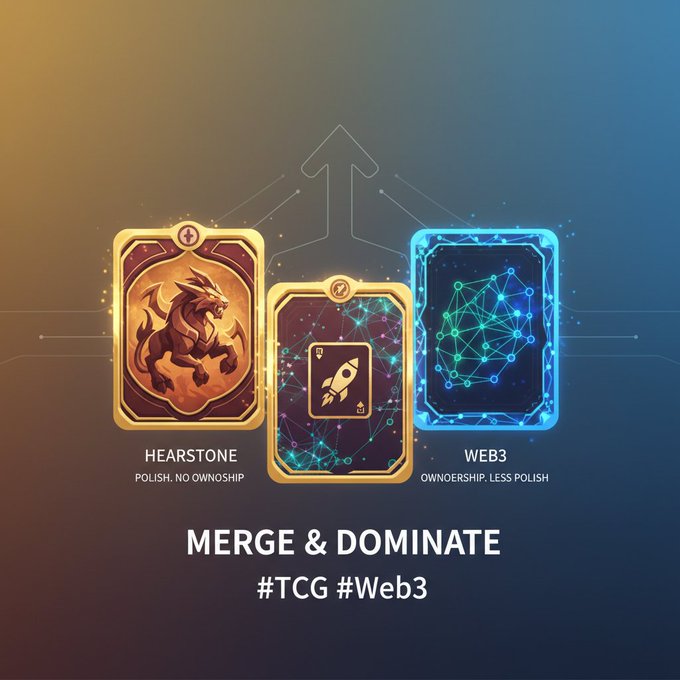 The image displays three digital trading cards against a gradient background, with the left card labeled "HEARTHSTONE - POLISH. NO OWNERSHIP," the center card showing a rocket symbol, and the right card labeled "WEB3 - OWNERSHIP. LESS POLISH," all positioned beneath an upward arrow with the text "MERGE & DOMINATE #TCG #Web3." The visual reinforces the post's argument by illustrating the gap between polished traditional TCGs and ownership-focused blockchain games, suggesting the industry winner will be whoever combines both qualities.