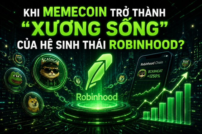 A promotional graphic in Vietnamese with the text 'KHI MEMECOIN TRỞ THÀNH "XƯƠNG SỐNG" CỦA HỆ SINH THÁI ROBINHOOD?' featuring crypto coin characters, a Doge, and the Robinhood logo.