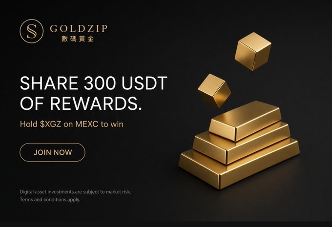 A dark promotional advertisement for 'GOLDZIP' featuring stacked gold ingots and a call to 'SHARE 300 USDT OF REWARDS' by holding $XGZ on MEXC.