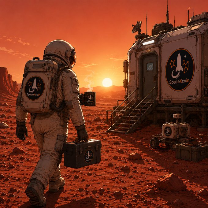 An astronaut carrying a "SpaceXcoin" branded case walks across a Mars-like red landscape toward a habitat module displaying the SpaceXcoin logo, while holding a steaming mug bearing the same insignia. The scene visualizes the post's theme of persistence and daily progress, depicting SpaceXcoin as an ongoing mission of building toward a frontier-future.
