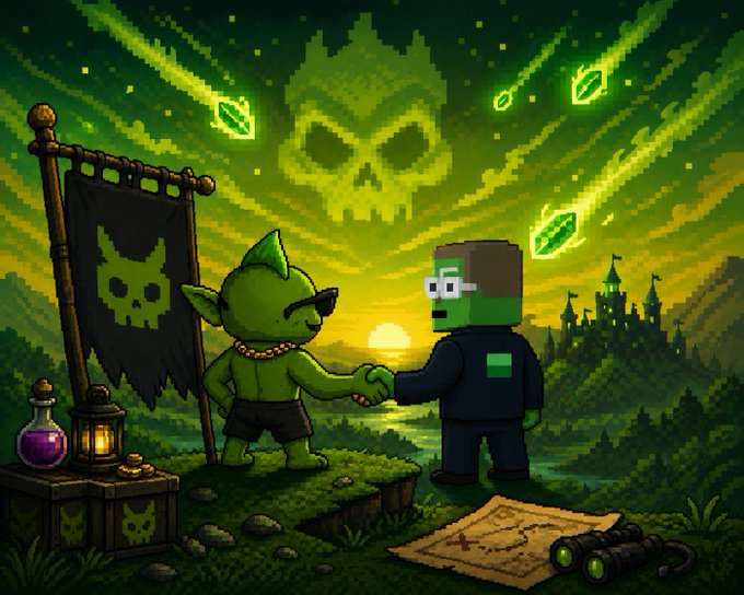 A pixel art illustration showing a goblin-like character in sunglasses shaking hands with a Minecraft-style zombie figure, with green skull motifs and pixelated coins in a fantasy landscape.