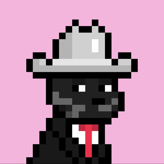 A pixel art illustration of a black cat character wearing a gray fedora and a red tie against a pink background.