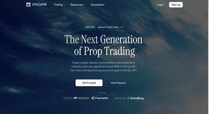 The image shows a website for a company called Propr that specializes in trading cryptocurrencies like Bitcoin. The website has a blue background with white text, and it features a list of services offered by the company, including perps, stocks, commodities, and more. One of the standout features is the transparency aspect of the platform, which allows users to see real-time market data and track their investments. The image also includes a caption that reads "Market Notes 1: @ProprXYZ it's a crypto prop firm built on Hyperliquid. The whole idea: you trade with their capital and keep 80% of the profit".