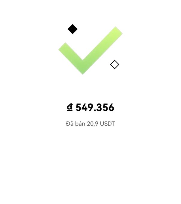 A confirmation screen showing a transaction amount of 549.356 (in dong) and noting 'Đã bán 20,9 USDT' (Sold 20.9 USDT) with a green checkmark.