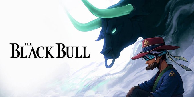 An illustration titled 'THE BLACK BULL' showing a man in a red hat and sunglasses next to a large bull with glowing green horns and a nose ring.