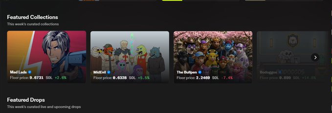 A dark-themed NFT marketplace showing 'Featured Collections' including 'Mad Lads' (floor price 9.6731 SOL), 'MidEvil' (0.6328 SOL), 'The Bullpen' (2.2469 SOL), and 'Bodoggos'.