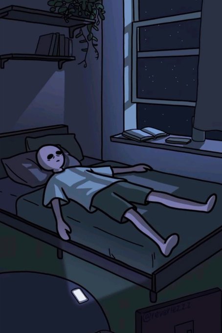 A person lies limply on a bed in a dark, moonlit bedroom, gazing at a glowing phone on the floor with an open book nearby on the windowsill. The scene captures a relatable, tired moment that fits the casual, exhausted mood of the "Gngn" caption.