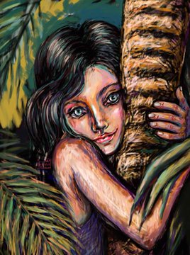 A textured, oil-painting style portrait shows a young woman with dark hair and large eyes clinging to a tree trunk amidst tropical foliage.