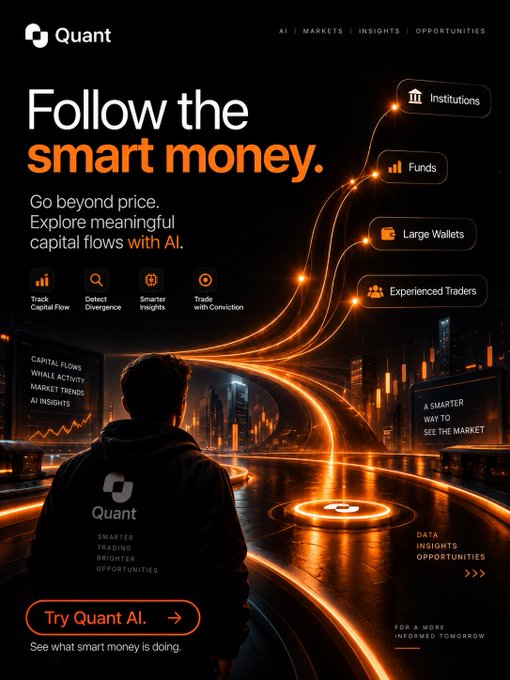 A dark-themed promotional poster for 'Quant' AI with the tagline 'Follow the smart money,' highlighting features like Institutions, Funds, Large Wallets, and Experienced Traders.