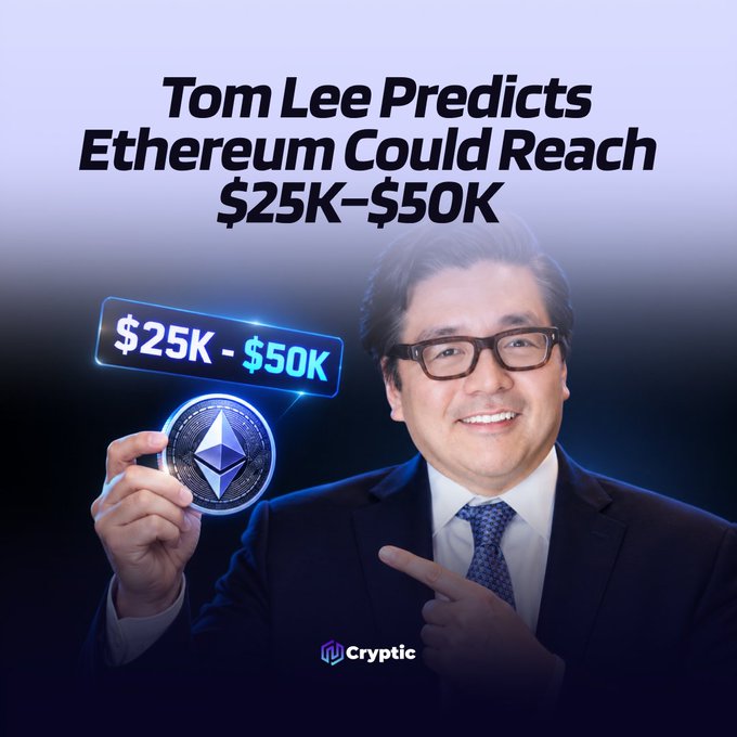 A man in glasses and a suit smiles while holding up an Ethereum coin, with a "$25K - $50K" price tag floating beside it. The image's headline "Tom Lee Predicts Ethereum Could Reach $25K–$50K" directly illustrates the accompanying post's mention of Fundstrat co-founder Tom Lee's bullish long-term price target for ETH, driven by institutional adoption and tokenized financial markets.