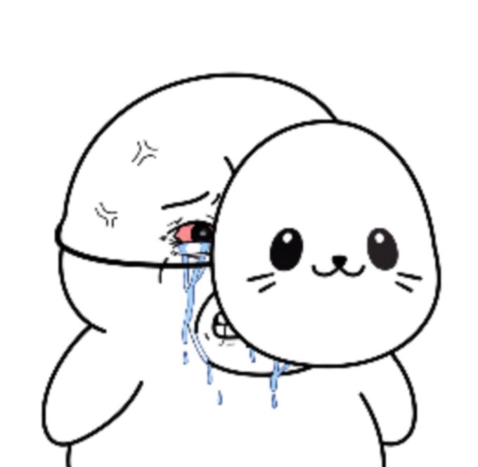 A simple cartoon drawing of two round white figures, one crying blue tears with an angry expression while holding onto the other cheerful smiling character.