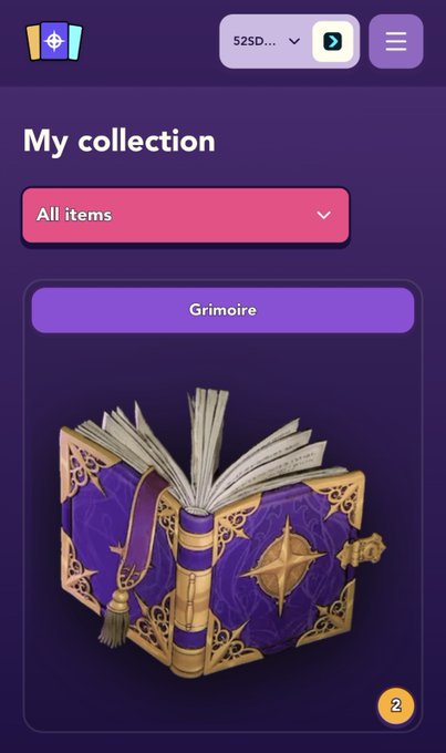 A mobile game screen displays a 'My collection' section with a 'Grimoire' item, a purple and gold spellbook, with a '2' indicator in the corner.