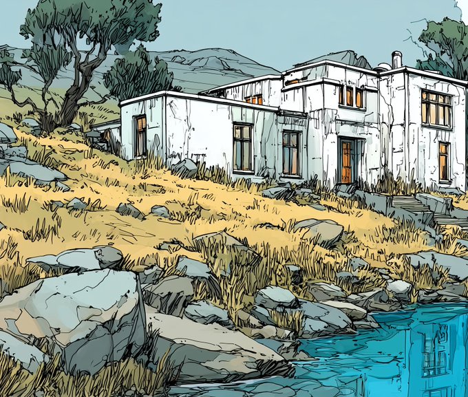 A stylized illustration of a white, weathered two-story house on a grassy hillside with scattered rocks, trees, and a small blue pool of water in the foreground.