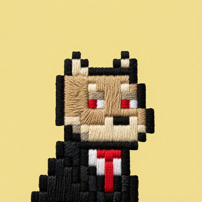 An embroidered pixel-art style depiction of a character with tan skin, red eyes, and a black suit with a red and white tie, set against a yellow background.
