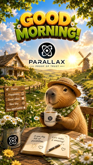 "Good Morning!" greeting card featuring the Parallax "Proof of Trust" logo, an illustrated groundhog in a straw hat drinking from a Parallax mug, with themes of Peace, Happiness, Good vibes, New day, and New opportunities.
