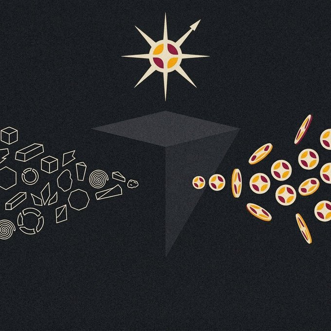 An illustration showing geometric shapes and coin tokens being funneled through a prism toward a starburst emblem, visually representing the live conversion of various assets into gMCD at $0.10 with a 15m gMCD capacity cap.