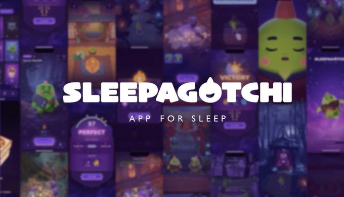 The image features a poster for an app called "@sleepagotchi", which is designed for sleep. The poster showcases various images of cute cartoon characters, including a green monster with a red nose, that are part of the app's interface. These characters appear in different positions and sizes, creating a visually appealing layout. The text on the poster reads: "After exploring @sleepagotchi for a while, I realized that Orbs are basically at the center of progression in the Lite experience. They drop from Hero Card challenges and event activities, especially the green and purple ones where collecting more can multiply your gains".