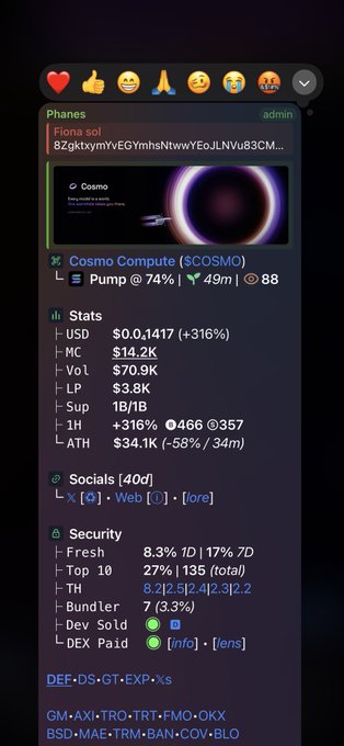 A Telegram channel interface for "Phanes" displays crypto coin information for "Cosmo Compute ($COSMO)" including stats showing MC $14.2K, price $0.0,1417, and social links, along with a black hole graphic.