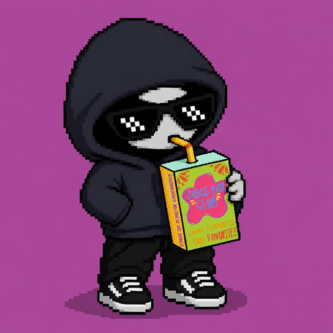 A pixel-art character of a skull wearing a black hoodie and pixelated sunglasses, drinking from a "Juice Box Club" juice box against a purple background.