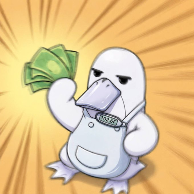 A cartoon duck-like character in an apron with '102.6F' on its name tag holding a fan of green dollar bills against an orange radial background.