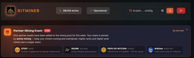 BitMiner dashboard highlighting four partner assets in this week's mining pool, including PEPE•OF•BITCOIN, alongside STIDY, $GORX, and Orbitties, with 4 days 22h remaining.
