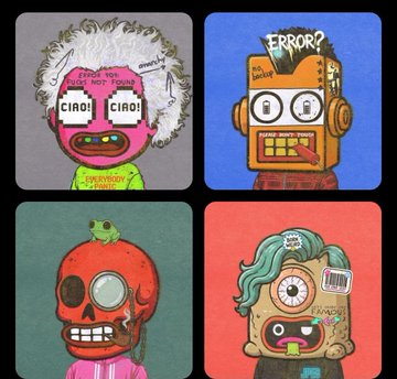 A set of four cartoonish, monstrous character portraits with exaggerated features, including a pink creature, a yellow robot with 'ERROR?' above its head, a red cyclops skull, and a one-eyed green-haired figure.