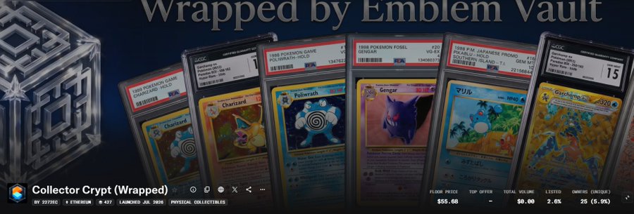 A promotional banner titled 'Wrapped by Emblem Vault' displays graded Pokemon cards including Charizard, Poliwrath, Gengar, and Garchomp alongside Collector Crypt (Wrapped) token statistics showing a floor price of $55.06.