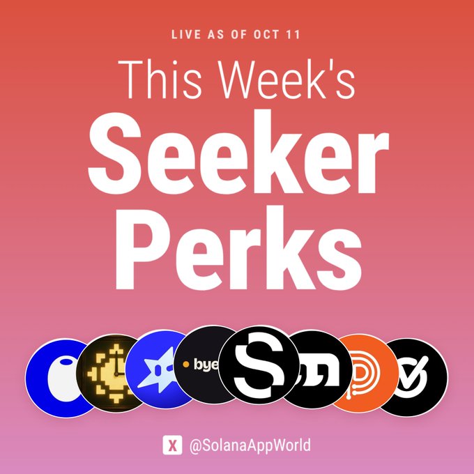A promotional graphic with a red-to-pink gradient background advertising 'This Week's Seeker Perks' live as of October 11, displaying various app icons and the handle '@SolanaAppWorld'.