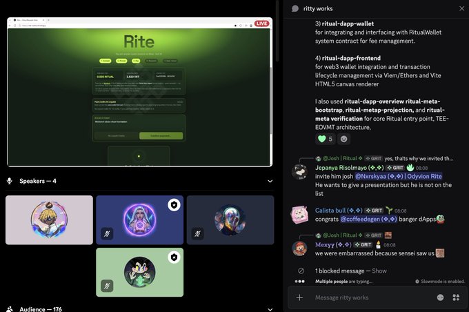 A screenshot of a live Spaces-style audio broadcast for 'ritty works', featuring a presentation on 'Rite' crypto project architecture alongside a chat panel.