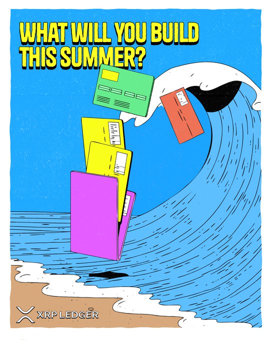 The image features a colorful poster with a wave crashing down on a stack of envelopes that are floating in the air above the ocean. The text on the poster reads "What will you build this summer? Gaming & on-chain rewards Loyalty programs & tokenized incentives Payments & remittances These are just starting points if it runs on XRPL and gets users, it qualifies. If it runs on XRPL and gets users, it qualifies." The wave is a symbol of the ocean, which is often associated with surfing or beach activities. The envelopes represent money, possibly in the form of cryptocurrency or digital tokens. The poster encourages people to consider using gaming and tokenized rewards as payment methods for summer activities, such as vacations or beach trips.