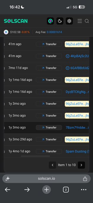 A Solscan transaction history showing multiple transfers from wallet address 96jZuLeEFe... over the past year, with activity as recent as 41 minutes ago and as old as 1 year 4 months ago. The transactions illustrate how funds were moved from the user's Duffel wallet to a Phantom (burner) wallet for a giveaway, only to be drained almost immediately—supporting their claim that Phantom wallet was compromised about a year ago and prompting their switch to Solflare.
