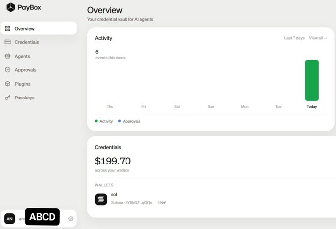 The image shows the PayBox dashboard displaying an Overview with 6 activity events this week (highlighted on Today) and $199.70 across wallets in a Solana wallet (BY5KGZ_uQ2o), confirming the receipt of the ~$200 USDC payment from PayBox mentioned in the post.