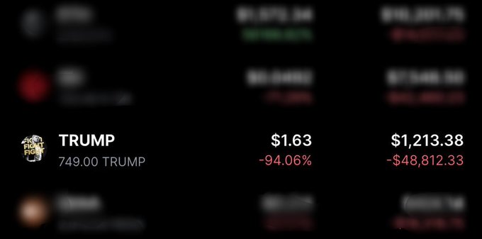 The image shows a cryptocurrency portfolio with an entry for "TRUMP" displaying 749.00 TRUMP with a current price of $1.63 and a significant loss of -$48,812.33. This financial data contrasts with the post's focus on buying $ANSEM and a Bullpen airdrop, suggesting a potential shift in investment strategy or a comparison of different crypto assets.