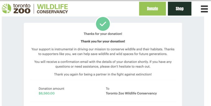 A donation confirmation page from the Toronto Zoo Wildlife Conservancy shows a $6,560.00 donation receipt with a green checkmark and "Thanks for your donation!" message, humorously echoing the "$Moodeng 66 days to hit 600M" and $6,560 amount referenced in the post about small meme coin donations.