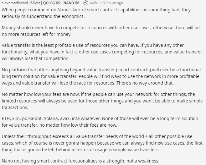 A Reddit comment by user slevemcdiachel explaining why Nano's lack of smart contract capabilities is a strength, arguing that value transfer should not compete for resources with other use cases.