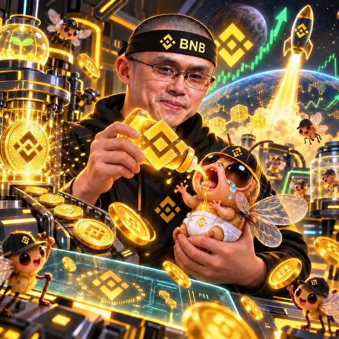A stylized AI-generated image showing a man wearing a BNB-branded headband holding golden BNB coins while feeding a baby wearing sunglasses, surrounded by animated bee characters and rocket imagery.