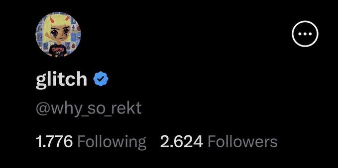 A social media profile for 'glitch' (@why_so_rekt) showing 1,776 Following and 2,624 Followers, with a cartoon avatar featuring horns and a Pepsi-themed background.