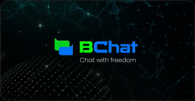 A logo for 'BChat' with green and blue chat bubble icons displays the tagline 'Chat with freedom' against a dark network-themed background.