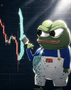 An angry cartoon frog in paint-splattered overalls wields a glowing paintbrush in front of a declining candlestick chart, symbolizing a frustrated Polymarket Perps trader who has lost his shirt despite massive trading volume.