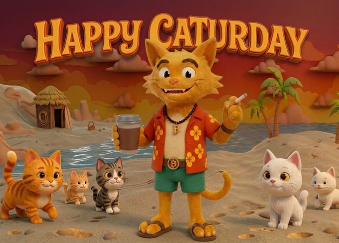 A colorful illustration of an orange tabby cat character wearing a Hawaiian shirt, green shorts, and a gold chain, holding a coffee cup and smoking, surrounded by other kittens on a beach with the text 'HAPPY CATURDAY'.