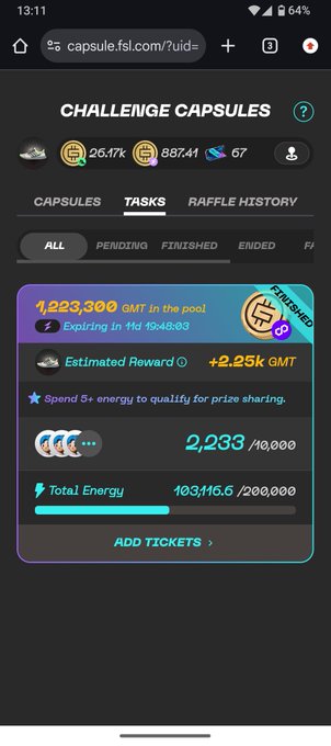 A mobile screenshot of the FSL website showing Challenge Capsules with 26.17k coins, 887.41 energy, and 67 tickets; the Tasks tab displays 1,223,300 GMT in the pool expiring in 11d 19h 48m with an estimated reward of +2.25k GMT, requiring 5+ energy to qualify, with 2,233/10,000 progress and 103,116.6/200,000 total energy.