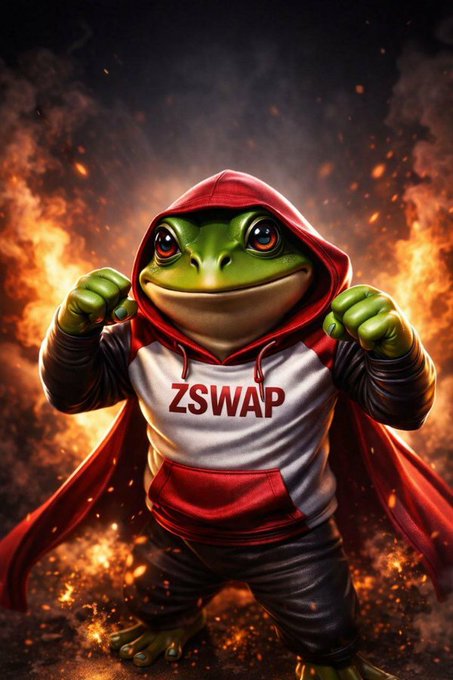 A digital illustration of Pepe the Frog dressed as a superhero in a red and white hoodie with 'ZSWAP' written on it, standing in front of flames.