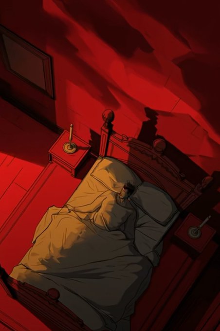 A figure lies beneath covers on a wooden bed bathed in ominous red light, with large shadowy silhouettes looming over the headboard, suggesting an unseen threat in the room—capturing a tense, fearful moment fitting the "Gngn" reaction of nervous anticipation.