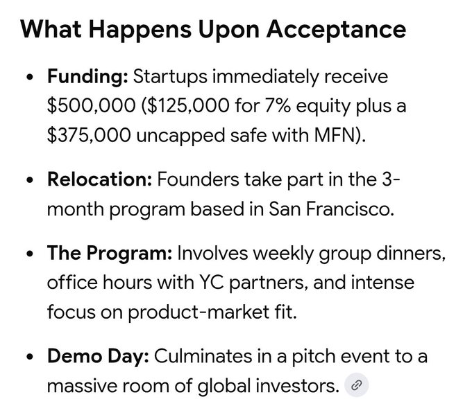 A text slide titled 'What Happens Upon Acceptance' outlines YC startup accelerator benefits including $500,000 funding, 3-month relocation to San Francisco, a program with YC partners, and a final Demo Day pitch event to investors.