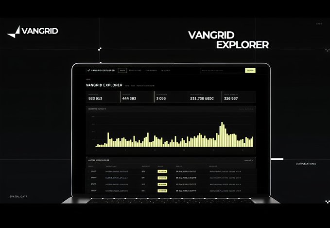 Promotional image for 'VANGRID EXPLORER' displayed on a laptop screen, showing data statistics (923,913 and 444,383), a bar chart for accounts amounts, and a list of nodes.