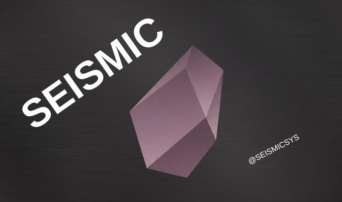 A logo design featuring the word 'SEISMIC' in white text next to a 3D purple geometric shape on a dark textured background, credited to @SEISMICSYS.